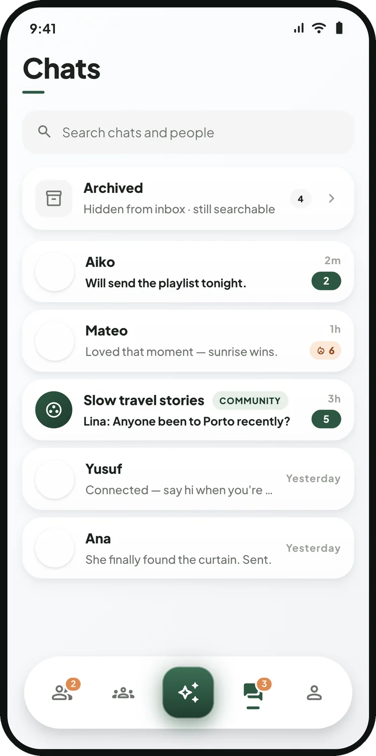 The Chats inbox with people and community conversations