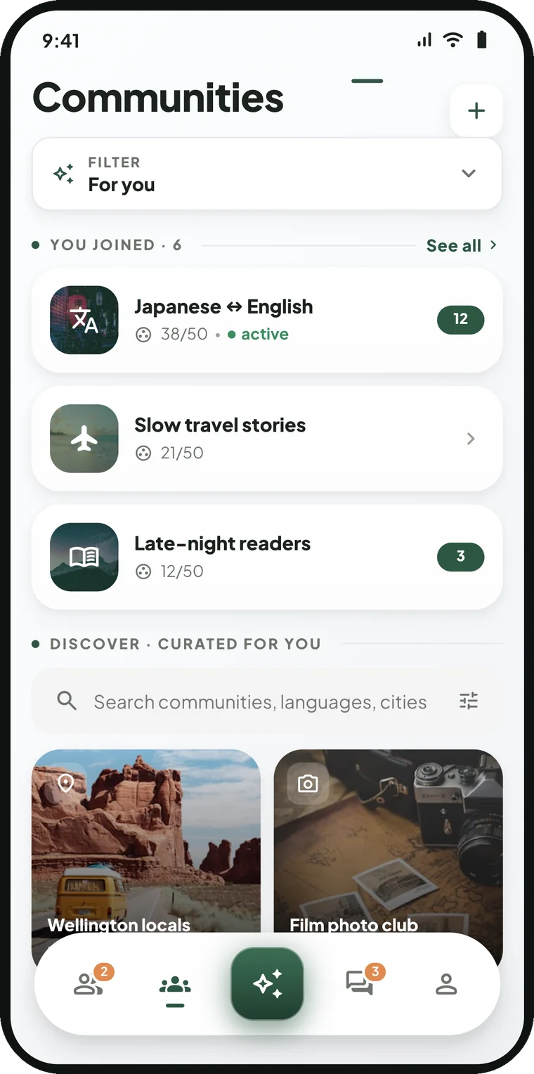 Communities screen with joined rooms like Japanese–English exchange and Slow travel stories