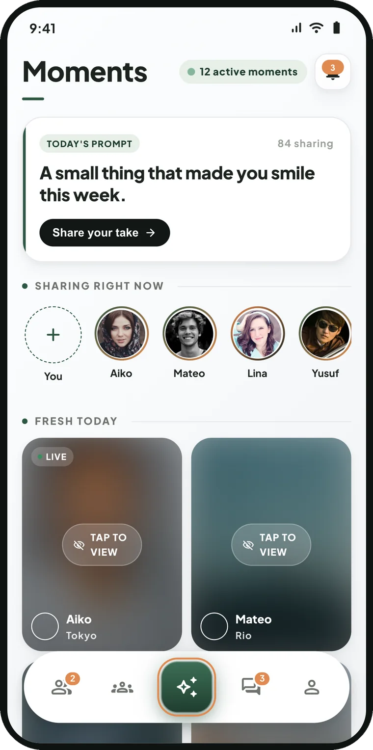The Nowambee Moments screen: today's prompt, people sharing right now, and fresh moments