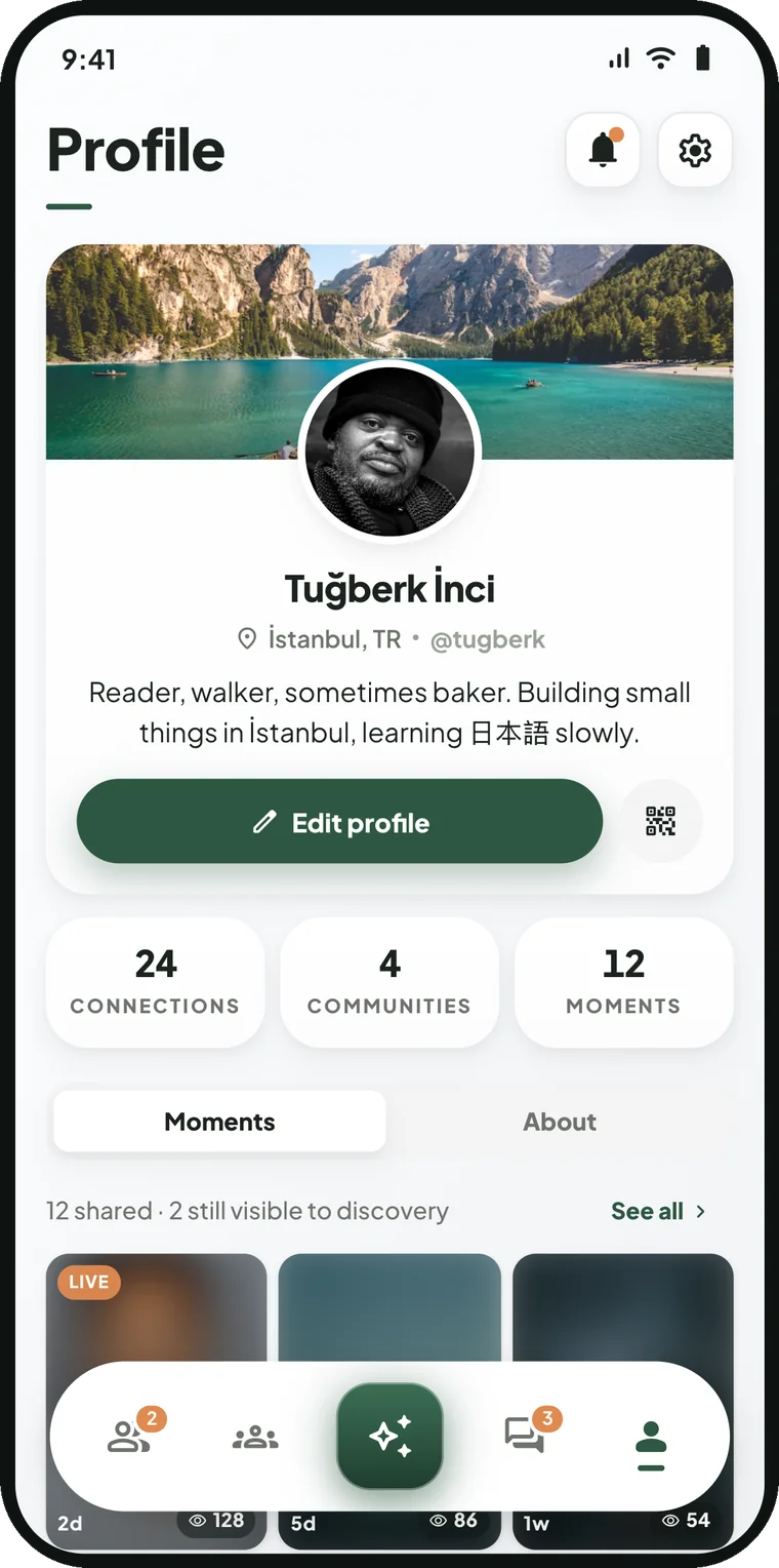 A Nowambee profile with connections, communities and shared moments